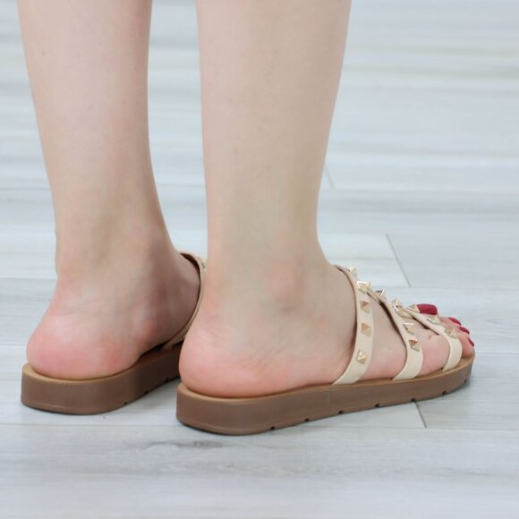 Nude Metal Stud Trendy Comfy Flat Gladiator Sandal Slip On Sliders - Picture 12 of 13